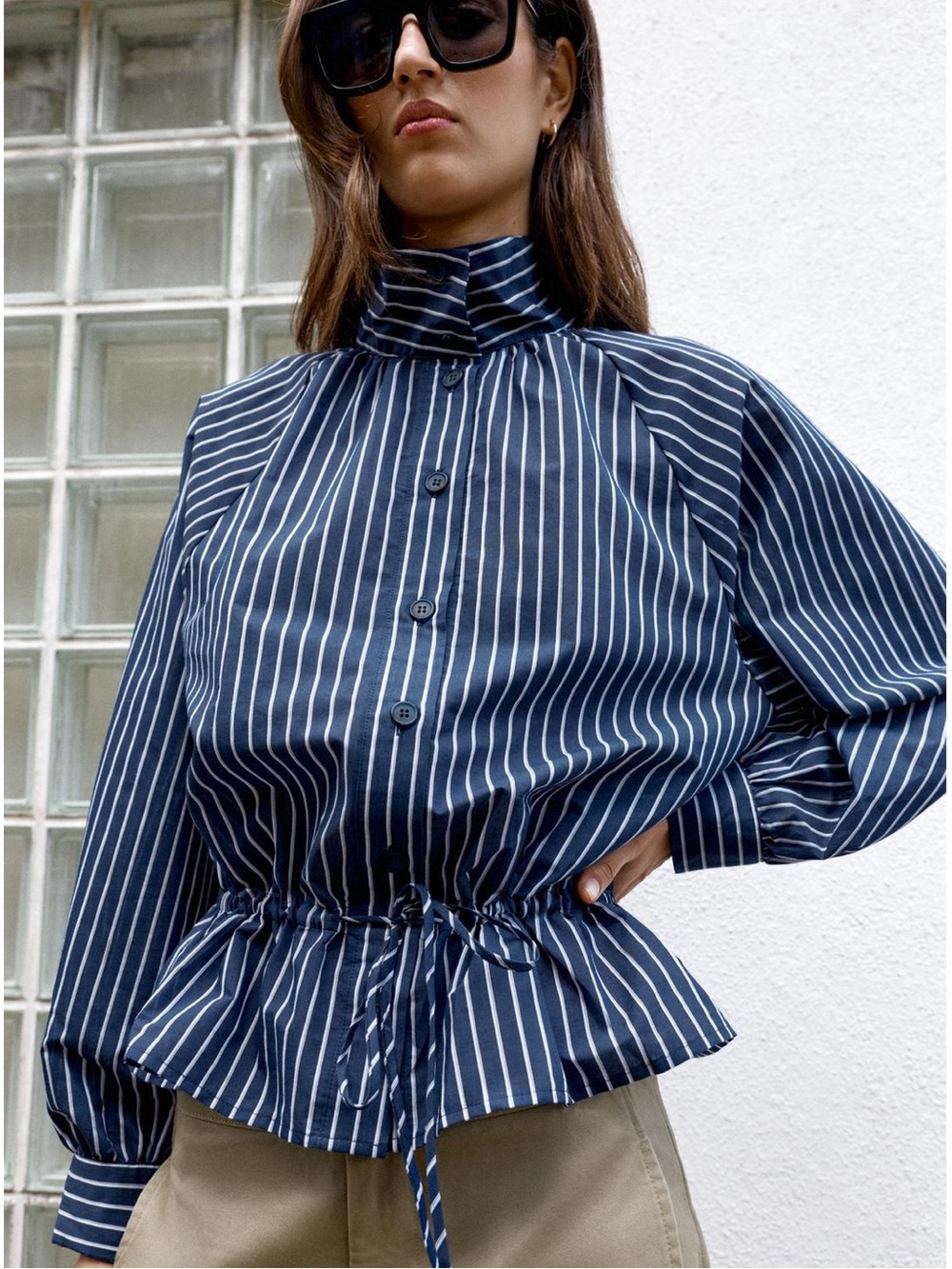 Zara Navy White Striped Funnel Neck Button Down Shirt Drawstring NWT M